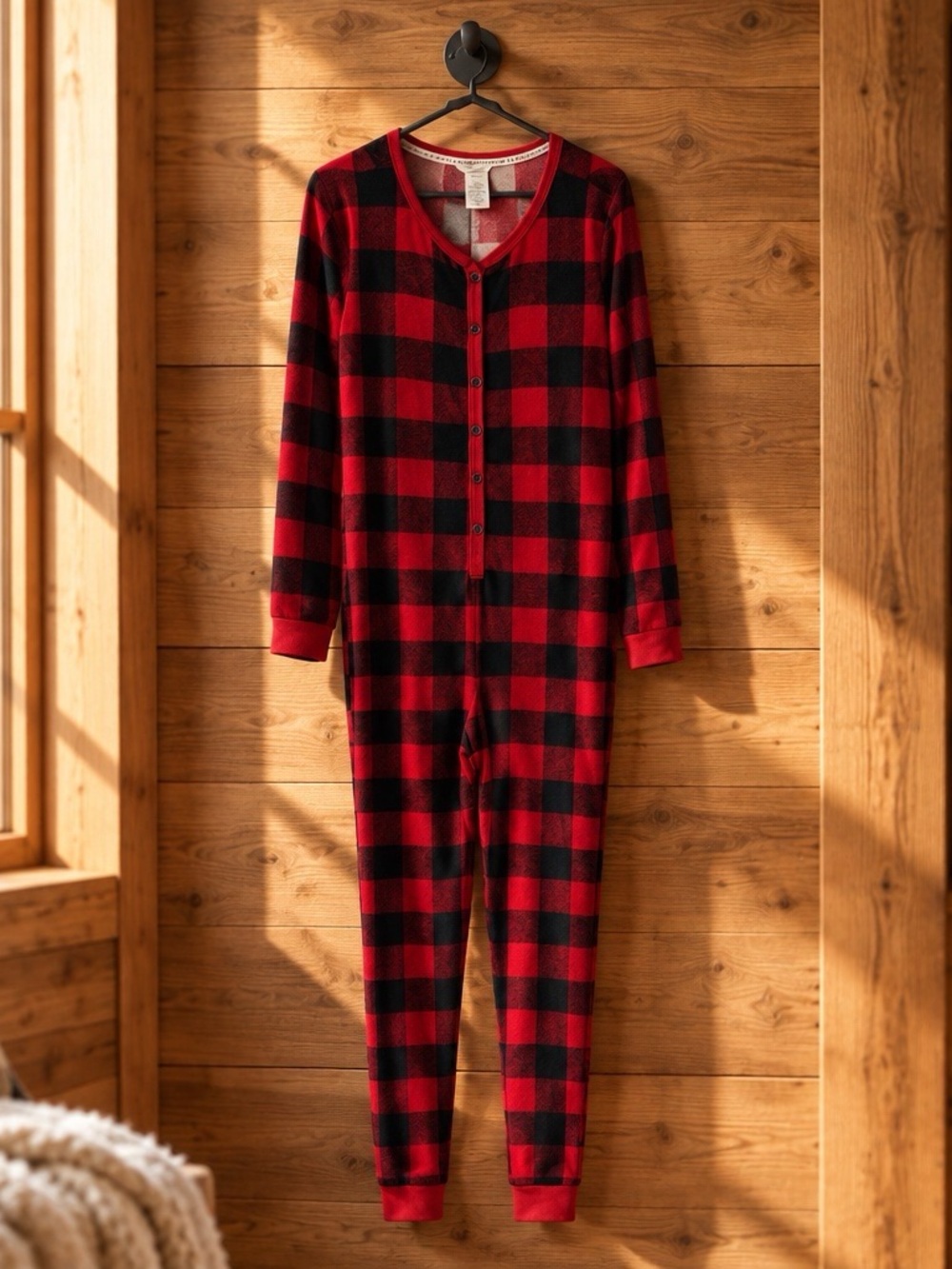Women’s Buffalo Plaid One-Piece Pajamas - M